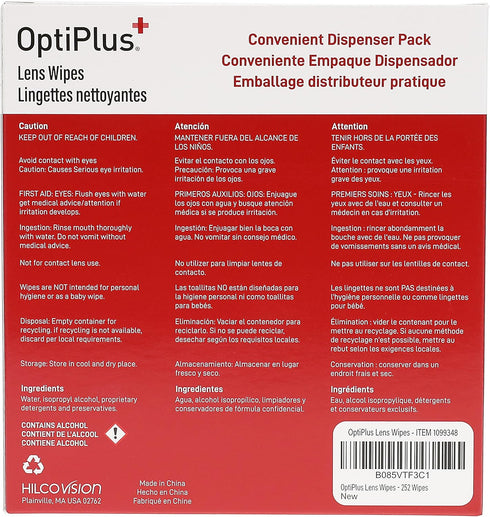 OptiPlus Eyeglass Lens Wipes, Pre-Moistened Cleaning Wipes for Glasses, 252 Count