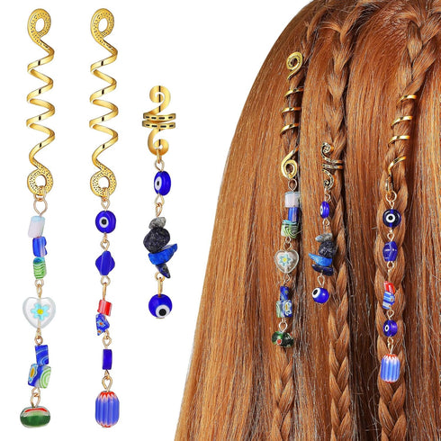 Holibanna 3pcs Hair Braid Rings, Blue Evil Eye Hair Jewelry Dreadlock Long Gold Metal Spiral Coil Beads