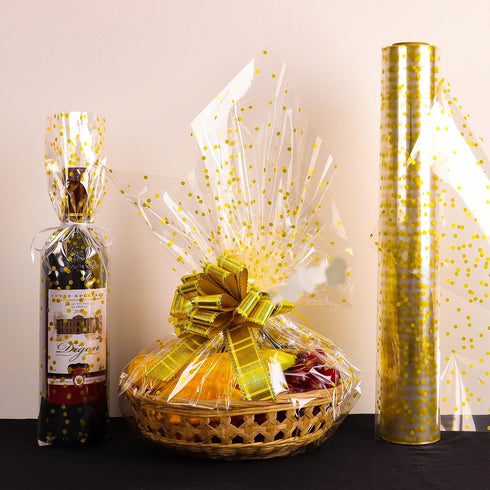 CMFYHM Clear Cellophane Wrap Roll, 34" x 120’Ft Gold Polka Dot Cellophane for Gifts, Baskets, Flowers, Party Decorations