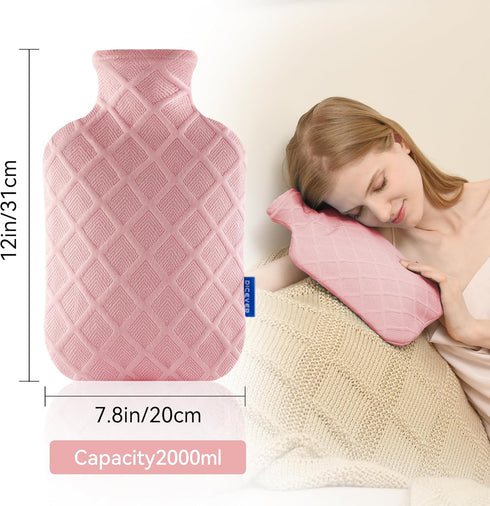 Hot Water Bottle with Soft Cover, 2L Hot Water Bag for Hot and Cold Therapies, Pain Relief for Sore Muscles, Pink