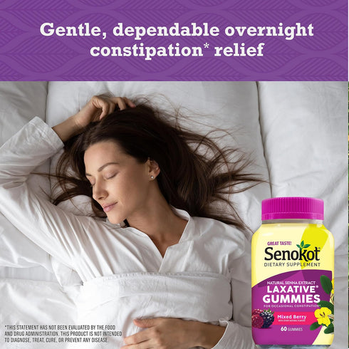 Senokot Dietary Supplement Laxative Gummies, Mixed Berry Flavor, Natural Senna Extract, 60 Count for Gentle Overnight