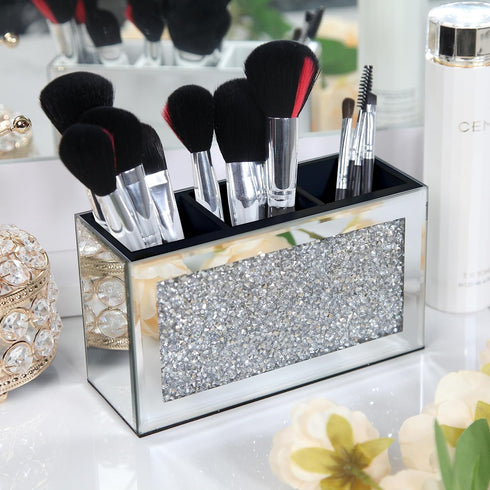 SHYFOY Mirrored Makeup Brush Holder Organizer, 3 Slot Glass Cosmetics Brushes Storage Holders with Crystal Crushed