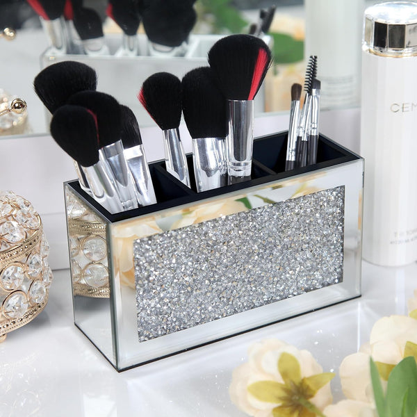 SHYFOY Mirrored Makeup Brush Holder Organizer, 3 Slot Glass Cosmetics Brushes Storage Holders with Crystal Crushed
