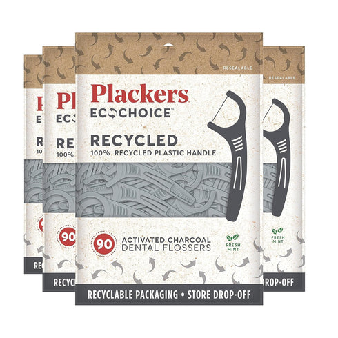Plackers Ecochoice Activated Charcoal Recycled Dental Flossers - 90 Count (Pack of 4)