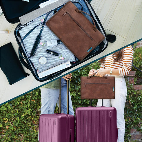 PAVILIA Hanging Toiletry Bag - Travel Kit Organizer for Men Women, Waterproof Dopp Case, Brown