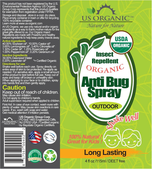 US Organic Mosquito Repellent Anti Bug Outdoor Pump Spray, 4 oz, DEET-Free, Natural Insect Protection