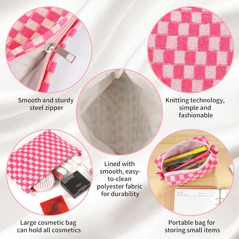 2-Pack Makeup Bag for Women, Large Checkered Knitted Cosmetic Bags & Small Pouch, Travel Toiletry Bag (Pink)