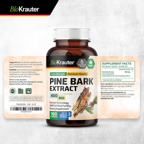 BIO KRAUTER Pine Bark Extract Capsules, 400 mg - 100 Count, Antioxidant Supplement, Vegan, No Fillers