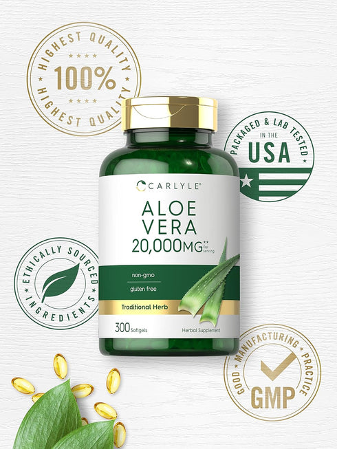 Carlyle Aloe Vera Softgel Capsules 20,000mg - 300 Count, Non-GMO, Gluten Free Aloe Vera Gel Supplement