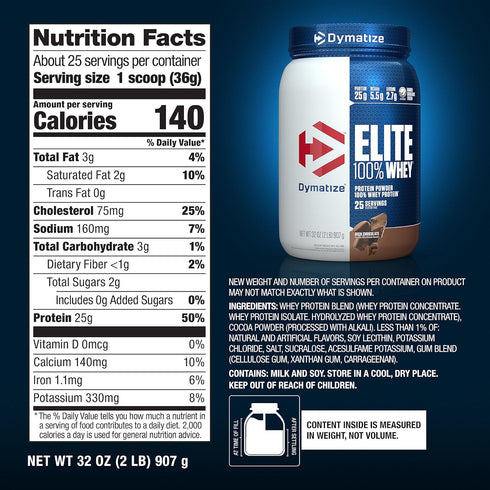 Dymatize Elite 100% Whey Protein Powder, 25g Protein, Rich Chocolate, 2 Pound, 25 Servings