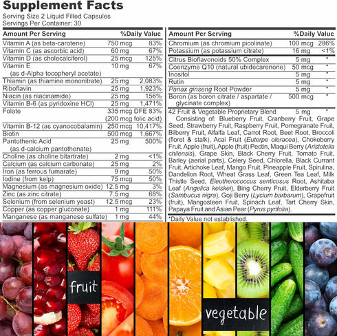 Halal Complete Multivitamin Capsules for Adults Men & Women | 60 Count | 42 Fruit & Vegetable Blend with Iron, Zinc