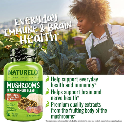 NATURELO Mushroom Supplement for Brain & Immune Health with Lion’s Mane, Reishi, Turkey Tail - 90 Vegan Capsules