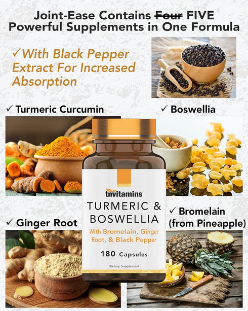 Turmeric & Boswellia Complex 180 Capsules with Ginger Root, Joint Support Supplement Produced in the USA