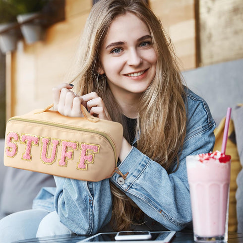Y1tvei Large Capacity Travel Makeup Bag, Nylon Stony Clover Makeup Bag, Preppy Patch Pink Stuff Chenille Letter Pouch