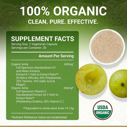Organic Amla Capsules – Vitamin C | USDA Organic Certified | Whole Food Plant Based Supplement | 60 Amala Pills