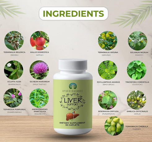 Liver Support Herbal Ayurvedic Supplement, Supports Healthy Liver, Blend of 13 Powerful Herbs, Vegan, Gluten-Free, 60 Caplets