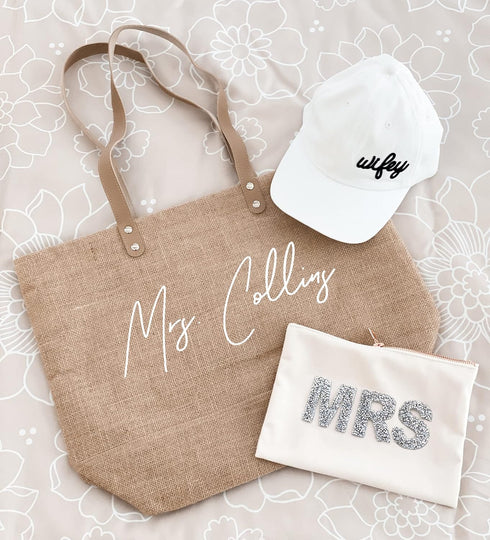 Mrs Makeup Velvet Bag, Bride Cosmetic Pouch with Sparkle Letter, Bridal Shower Gift Idea