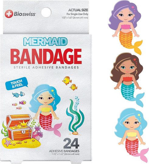 BioSwiss Mermaid Shaped Bandages, Self Adhesive Latex Free Sterile Wound Care, Fun First Aid Kit for Kids, 24 Count