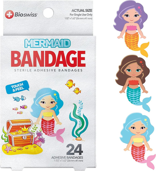 BioSwiss Mermaid Shaped Bandages, Self Adhesive Latex Free Sterile Wound Care, Fun First Aid Kit for Kids, 24 Count