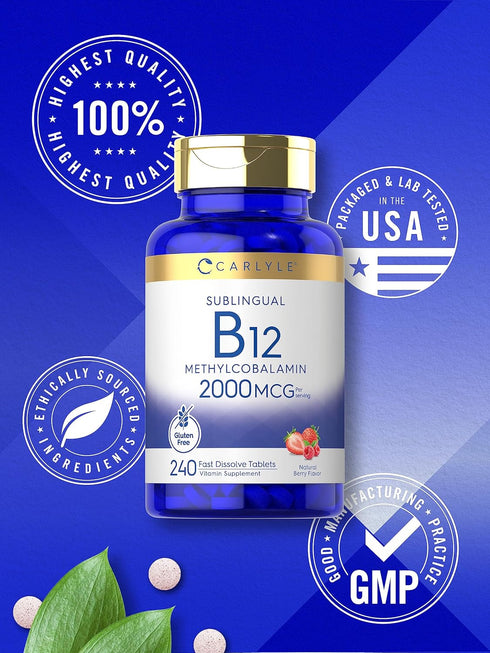 Carlyle Vitamin B-12, 2000mcg, 240 Fast Dissolve Tablets, Methylcobalamin, Natural Berry Flavor, Vegetarian, Non-GMO &