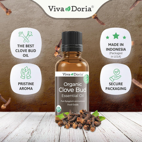 Viva Doria 100% Pure Clove Bud Essential Oil, Undiluted, USDA Certified Organic, Food Grade, 30 mL (1 Fluid Ounce)