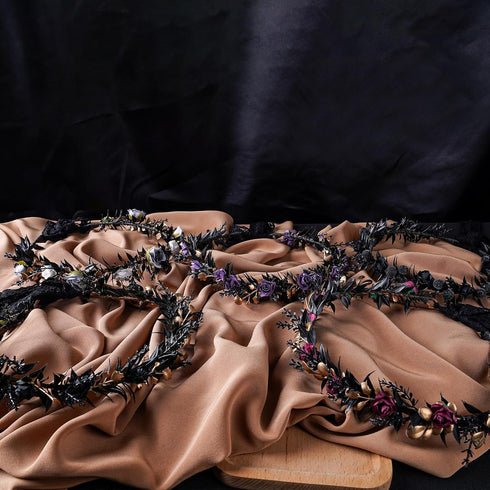 MOSTORY Handmade Black Flower Headpiece, Adjustable Gothic Circlet, Elf Floral Crown for Renaissance Halloween Cosplay