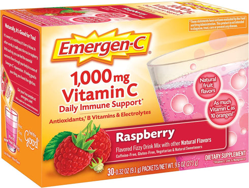 Emergen-C 1000mg Vitamin C Powder, Raspberry Flavor - Immunity Supplements with Antioxidants, B Vitamins & Electrolytes