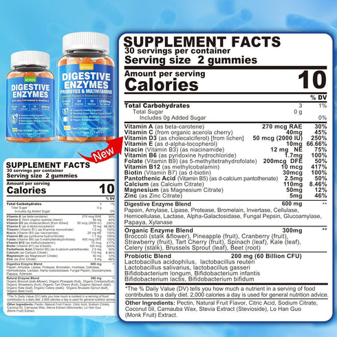 Digestive Enzymes with Probiotic Gummies, 24 Essential Chewable Multi Enzymes - Papaya, Lipase, Amylase, Bromelain, 2