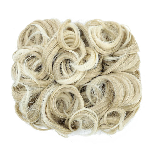 SWACC Short Messy Curly Dish Hair Bun Extension, Easy Stretch Combs, Clip in Ponytail, Beige/Blonde Mixed-24T613#