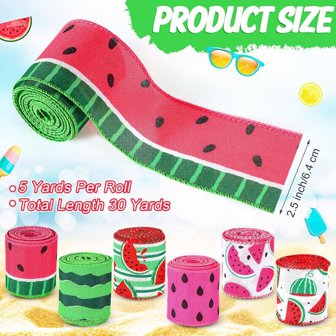 6 Roll 30 Yard Summer Wired Ribbon, 2.5 Inch Watermelon Print for Gift Wrapping, Wreath Craft, Baby Shower Decor