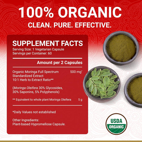 Organic Moringa Capsules - Moringa Oleifera, Natural Herbal Supplement from Moringa Leaves, Certified USDA Organic,