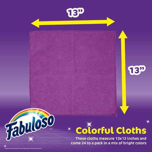 Fabuloso Microfiber Cleaning Cloths, 24 ct Rainbow Colors, Lint-Free for Surfaces and Wood Furniture