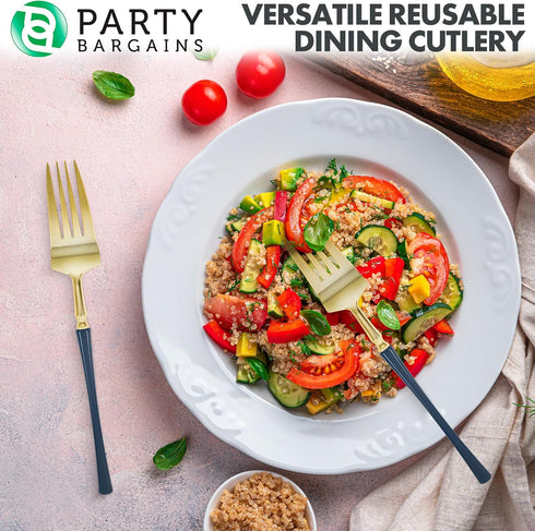 Party Bargains Disposable Plastic Navy Gold Salad Forks, Infinity Modern Design Utensils, 20 Pack