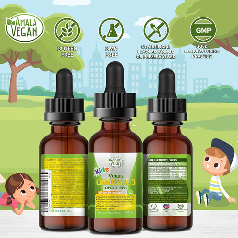 Omega 3 for Kids - Organic Vegan Liquid Supplement, Kids Fish Oil with DHA, EPA, DPA - Plant Based Algae Oil, 30-60