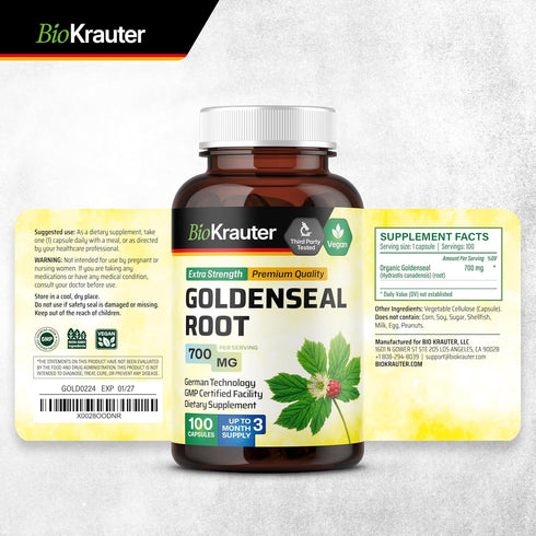 BIO KRAUTER Goldenseal Root Capsule 700 mg, 100 Vegan Golden Seal Powder Caps for Respiratory & Digestive Support