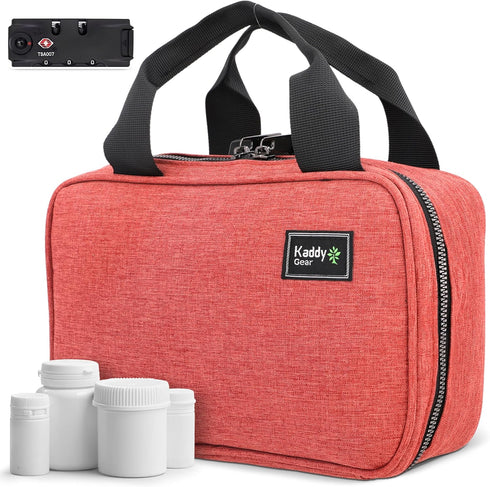 Kaddy Secure Pill Organizer Box, Storage for Medicine or Supplements, TSA Approved Lock (Red)