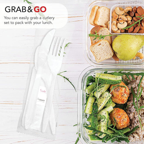 Party Essentials Individually Wrapped Plastic Cutlery Packets, 100 Sets of Fork/Spoon/Knife/Napkin/Salt/Pepper