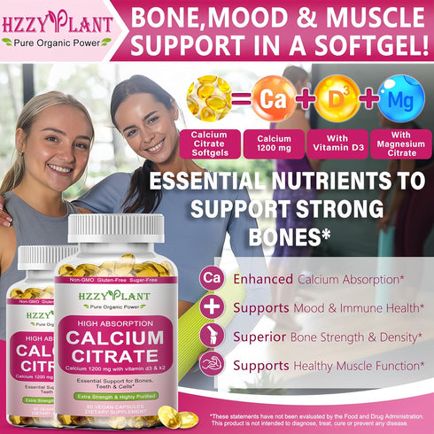 HZZYPLANT 1200 D3 2 Calcium Supplements for Women Softgels, High Absorption Calcium Citrate Supplement Essential