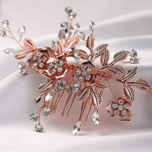 YERTTER Vintage Rhinestones Bride Wedding Hair Accessories - Rose Gold Crystal Floral Leaves Bridal Hair Comb