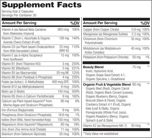 NATURELO Whole Food Multivitamin with Extra Hair, Skin and Nails Support - 60 Vegan Capsules