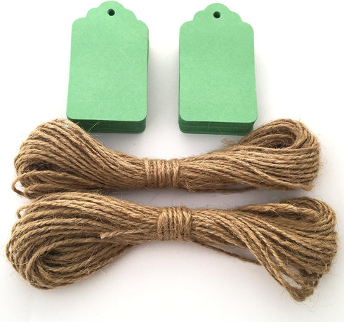 LWR CRAFTS 100 Hang Tags Scalloped Top Rectangle with Jute Twines - 2 3/4" x 1 9/16", Green