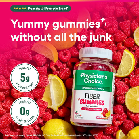 Gummies Gummy 60CT Physicians Choice Fiber for Digestive Health & Regularity - Raspberry Lemon Flavor - No Sugar Added
