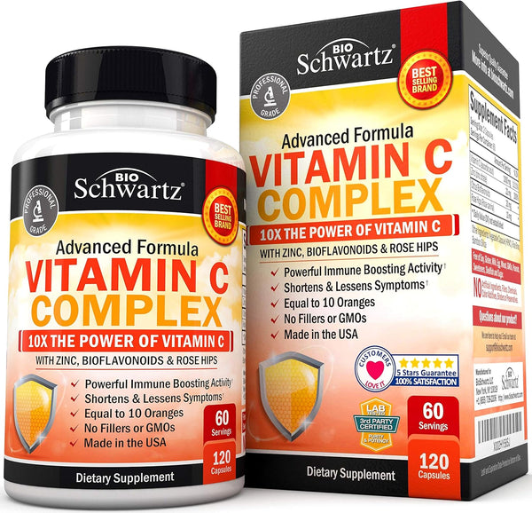Vitamin C Complex Supplement - 1000mg Capsules with Rose HIPS, Zinc, Citrus Bioflavonoids - 120 Count