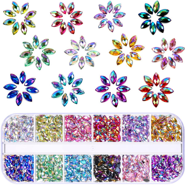 TecUnite 1200 Pieces 12 Colors Shiny Nail Rhinestones Flat Back Nail Gems Decorations with Box