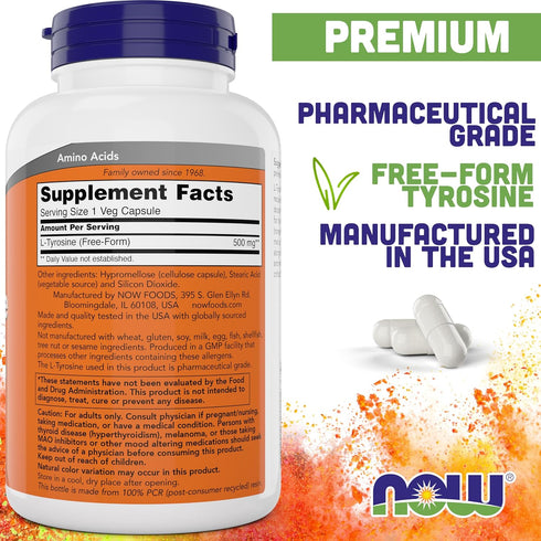 L-Tyrosine 500mg by NOW Foods, 300 Capsules (Pack of 2) - Non-GMO Free Form Supplement