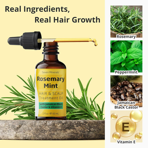 Seven Minerals NEW Rosemary Oil for Hair Growth | Infused with Jamaican Black Castor Oil, Vitamin E, Mint & Natural