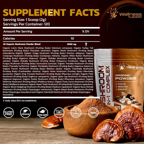 Mushroom Powder, 25 in 1 Mushrooms Lions Mane Powder Organic - 2000mg - Mushroom Supplement, 25 Superfood Mushrooms, Chaga, Shiitake Mushrooms, Cordyceps, Reishi - Lion's Mane Mushroom - 120 Servings