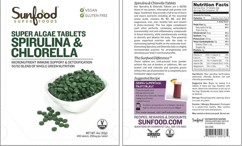 Sunfood Chlorella Spirulina Tablets - Vegan Green Algae Supplement, 2 oz Bag, Rich in Chlorophyll, Broken Cell Wall