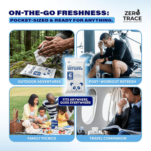 Pack 99.5% 10 Packs 6 (60 Zero Trace Flushable Wipes Portable Travel Wipes Pocket Size for Adults, Kids & Baby Care