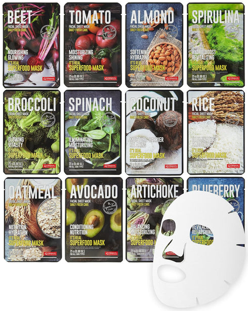 DERMAL Super Food Face Masks - 12 Pack Facial Sheet Masks for Glowing Skin, Moisturizing Natural Ingredients